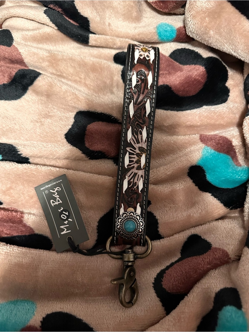 Myra Bag Western Tooled Leather Keychain Wristlet with Turquoise Concho - Brown